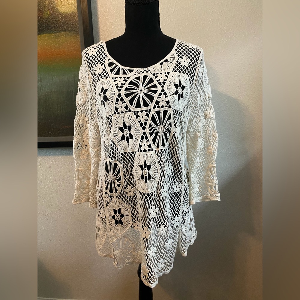 Lace Pattern Crochet Shirt Top Coverup 3/4 Sleeve Floral Coastal Cowgirl Boho